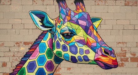 Vibrant Geometric Giraffe Head Street Art Mural on Brick Wall