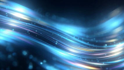 In a dark setting, colorful light waves flow smoothly, creating a mesmerizing effect. Bright particles dance among the waves, adding to the beauty of the scene