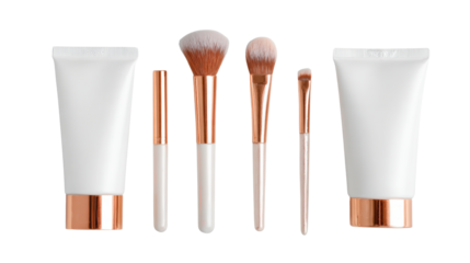 Beauty tools set with brushes and tubes on a white background, perfect for makeup and skincare enthusiasts.