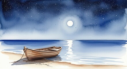 Serene Night Boat on a Moonlit Shore