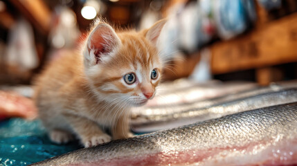 Ginger kitten curiously exploring fresh fish laid out on a market table with a bright and lively background creating an engaging atmosphere for the scene.