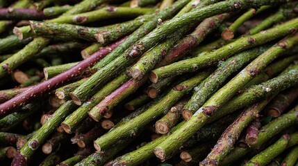 Pile of twigs: Natural textures and tones of greens and purples create organic pattern. Close-up captures bark details and fresh-cut ends.