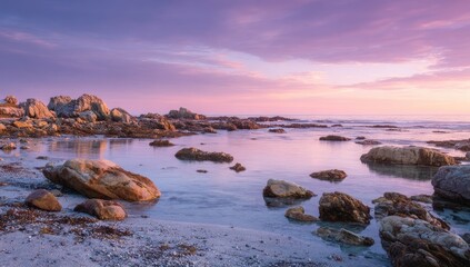 Serene rocky coastline at sunset with vibrant purple and pink sky.