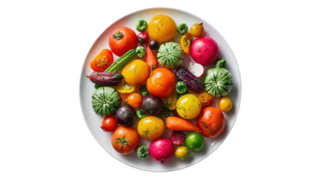 Colorful assortment of fresh vegetables in a circular dish on a white background.