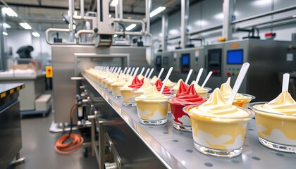 Automated yogurt production line in modern facility,  food,  processing