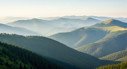 Sunrise Hues Over Rolling Hazy Mountain Peaks and Forested Slopes
