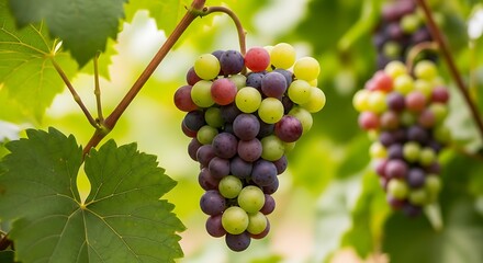 Fototapeta premium A cluster of ripe multi-colored grapes hangs from the vine
