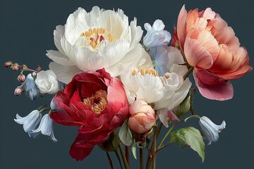 Vintage style wallpaper with roses, bluebells, peonies, violets