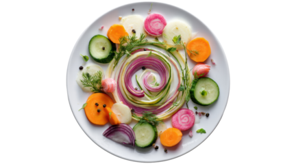 Colorful, artistic arrangement of fresh vegetables on a white plate.