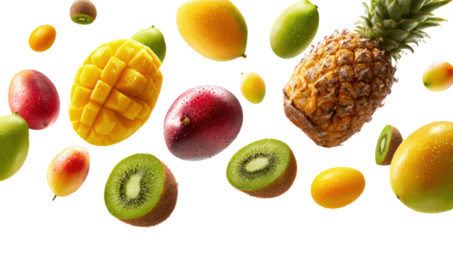 Colorful assortment of tropical fruits on a white background.