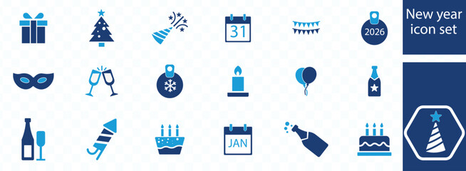 New year icon set. fireworks, celebration, party, dance, resolutions, countdown, January 1st, wishes and more. Vector