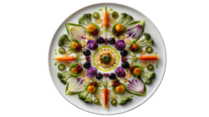 Colorful vegetable platter arranged in a decorative mandala pattern on a white plate.
