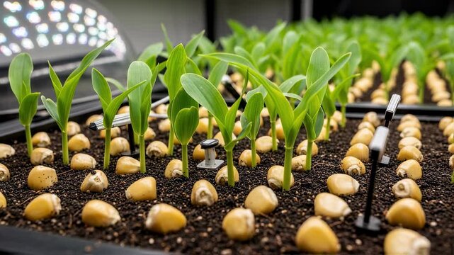 Medium shot of geneticallymodified corn seeds showcasing earlymaturity traits with vibrant green seedlings in a protected agricultural environment.