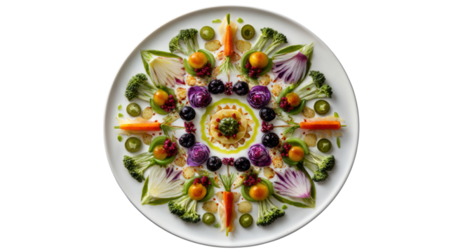 Colorful vegetable platter arranged in a decorative mandala pattern on a white plate.
