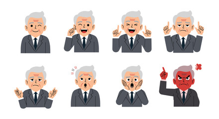 Fototapeta premium Eight expressive pixel art portraits of an elderly businessman showing various emotions.