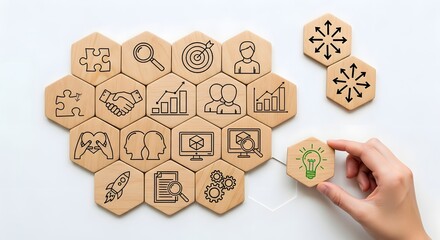 Business strategy concept with hexagonal tiles and icons representing teamwork, goals, and innovation, isolated on white background