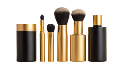 Cosmetic brushes and containers in black and gold, isolated on white background.
