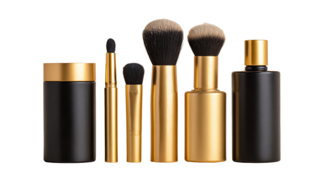 Cosmetic brushes and containers in black and gold, isolated on white background.