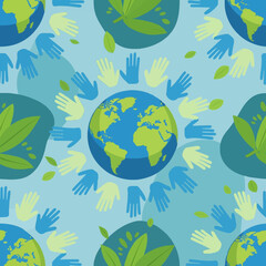 Seamless pattern of hands encircling Earth and green leaves, symbolizing global environmental protection, unity, and collective commitment to a sustainable planet