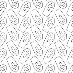 Seamless Coffin and crosses Doodle Black and white Pattern
