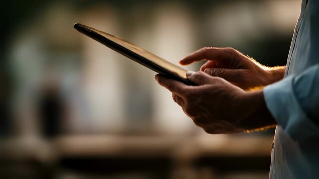 Closeup medium shot of a consultant reviewing auditing documents on a tablet highlighting compliance progress while the background remains softly out of focus.