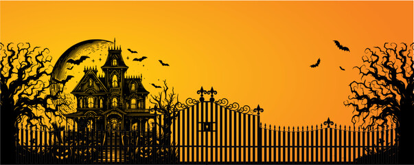 halloween card with Spooky house under full moon with bats © Koko