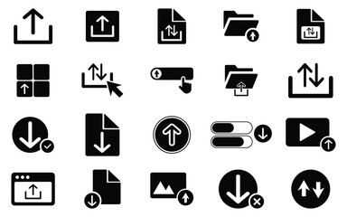 Upload and Download Icons Set – Arrow, Cloud, File Transfer, Send, Export and Vector Symbols.