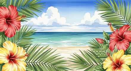 Tropical Beach Scene with Hibiscus Flowers and Palm Leaves