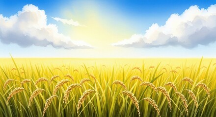 Golden Rice Field Under A Bright Sunny Sky