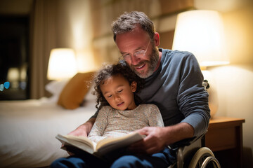 father in wheelchair reading bedtime story to child in cozy bedroom, warm lamp light, family tenderness, 