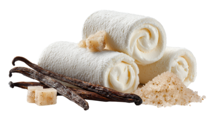 Delicious rolled cream with vanilla beans and sugar on a white background.