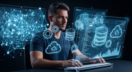 Focused programmer analyzing complex data streams and cloud infrastructure visualizations on futuristic screens