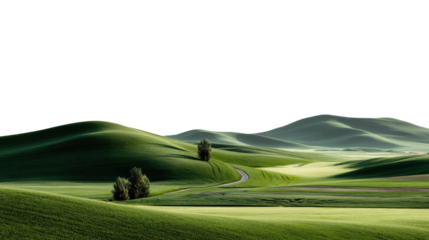 Rolling Hills: A serene landscape of verdant rolling hills under a clear sky, evoking a sense of peace and tranquility, highlighting the harmony between nature's elements.