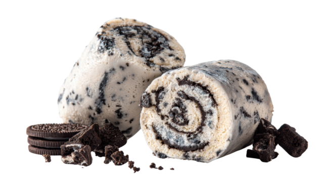 Delicious rolled ice cream with cookie pieces on a white isolate background.