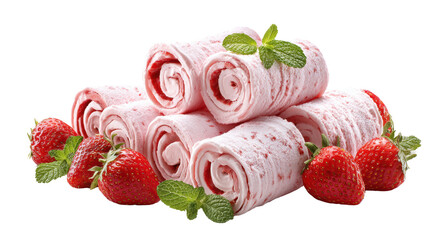 Delicious strawberry ice cream rolls with fresh strawberries and mint, perfect for summer desserts.