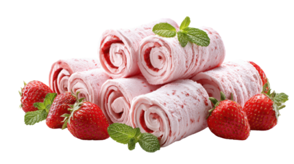 Delicious strawberry ice cream rolls with fresh strawberries and mint, perfect for summer desserts.