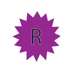 Purple starburst badge with letter r emblem