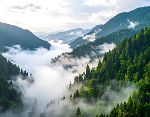 Misty mountain valley panorama