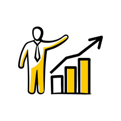 Stylized yellow figure reaching towards rising bar graph on black background