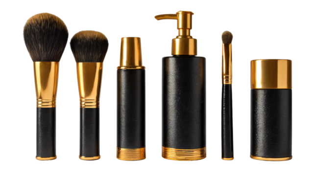 Elegant makeup brushes and containers on white isolate background.