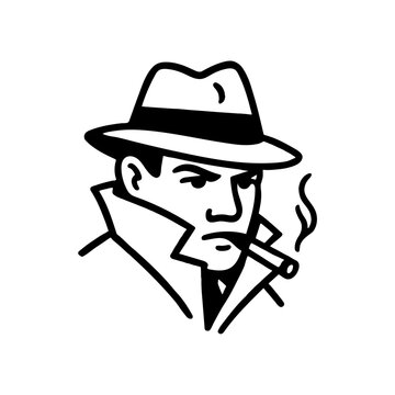 Detective man with hat and cigar line art illustration, noir style character, black outline graphic design isolated on light background