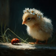 Obraz premium Adorable 3D Scene Featuring Fluffy Baby Chick with Ladybug