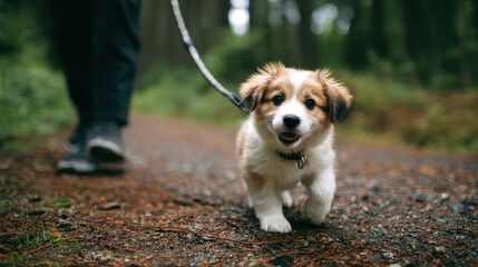 Fluffy puppy walking on a forest path with a person in the background, surrounded by greenery, enjoying an outdoor adventure on a sunny day with playful vibes.