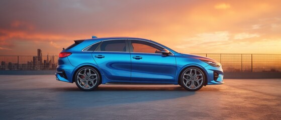 The Blue Hatchback Car Parked on Rooftop with City Skyline at Sunset