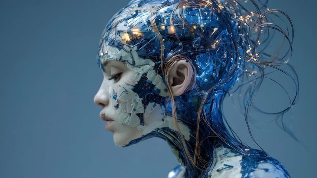 A stunning humanoid figure emerges from a blend of technology and creativity, showcasing intricate designs in blue tones and glowing elements