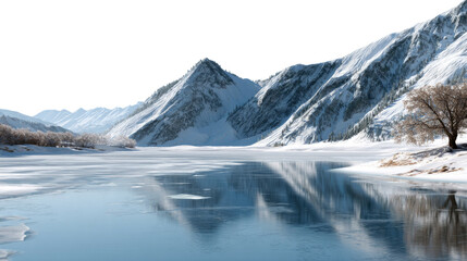 Icy Mountain Vista: A serene winter landscape unfolds, with a frozen lake mirroring snow-capped mountains under a clear sky, creating a breathtaking panorama of natural beauty.