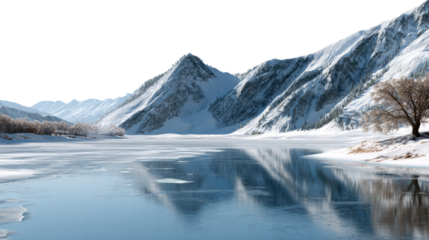 Icy Mountain Vista: A serene winter landscape unfolds, with a frozen lake mirroring snow-capped mountains under a clear sky, creating a breathtaking panorama of natural beauty.