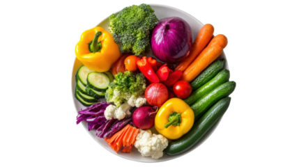 Fresh vegetables in a colorful arrangement on a white plate isolated on white background.