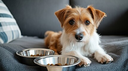 Dog sitting on hotel sofa near stylish bowls for food and water showing cozy pet friendly accommodation design