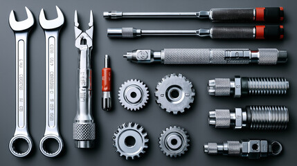 Fototapeta premium Mechanic tools and metal gears placed neatly on a solid neutral background, including wrenches, pliers, screwdrivers, and various steel cogwheels, sharp .